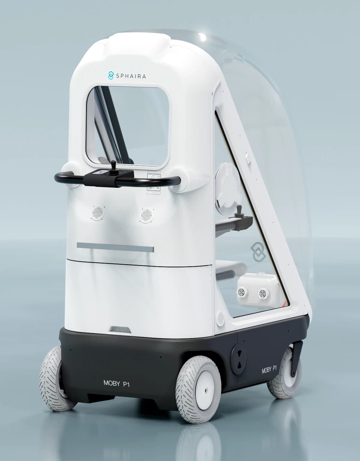 MOBY P1 from the rear: staff handle with joystick and display, speakers, the transparent canopy